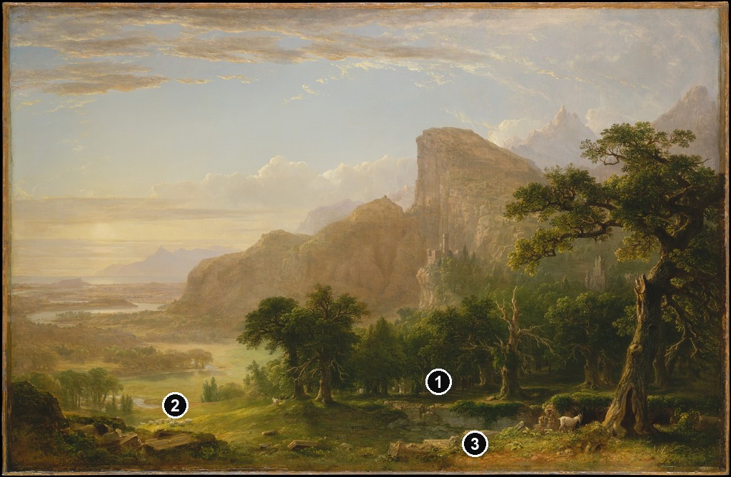 Annotated details from Landscape—Scene from Thanatopsis by Asher Brown Durand